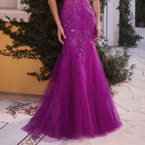 NEW LONG FORMAL TULLE MERMAID GOWN EMBROIDERED WITH FLORAL LACE & BEADS CD A1231 - Picture 6 of 9